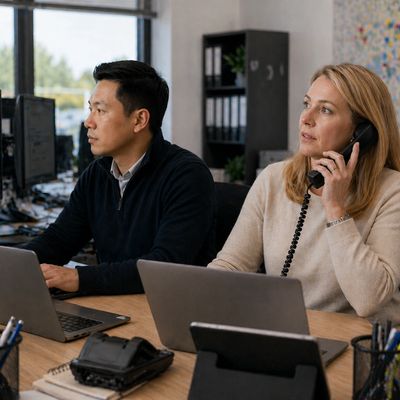 Two colleagues working together at a desk with laptops and phone in an office.