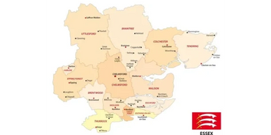 Map showing districts and towns in Essex, England.