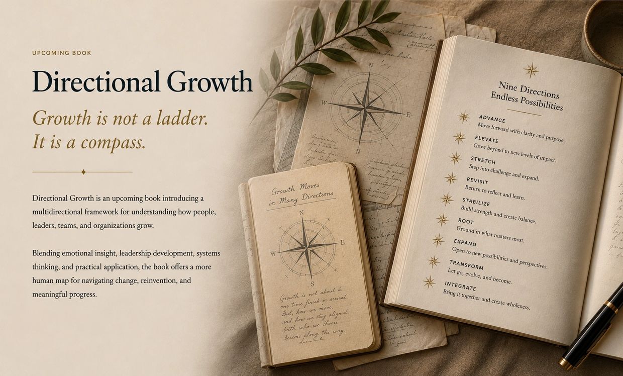 An upcoming book titled Directional Growth with a compass metaphor for personal and organizational development.