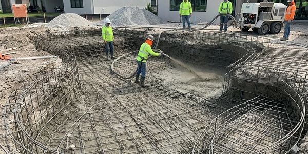 Construction workers spraying concrete over rebar framework in a pool excavation site.