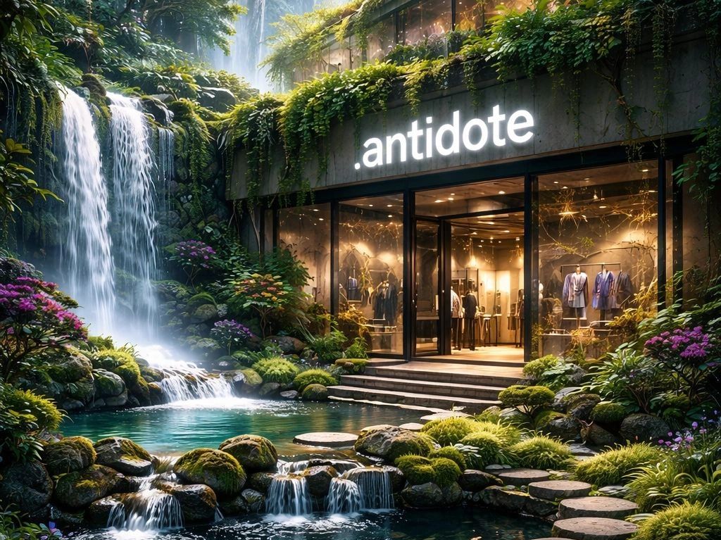 A stylish clothing store named .antidote amidst a lush garden with waterfalls.