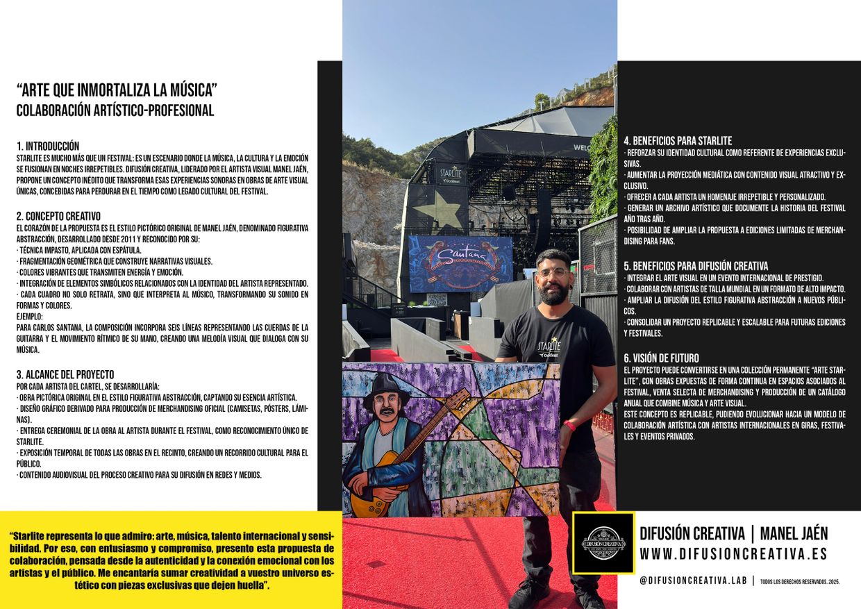 Artist Manel Jaén presents his visual art concept at Starlite Festival, blending music and visual abstraction.