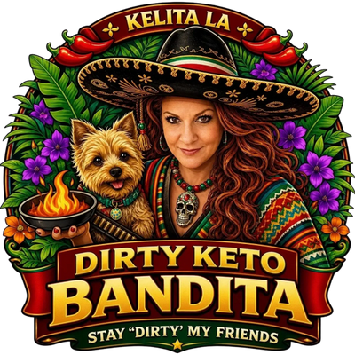 Colorful logo featuring a woman and a dog with chili peppers and text about keto bandita.