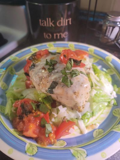 Grilled chicken with cheese, tomatoes, and fresh basil on a bed of lettuce.