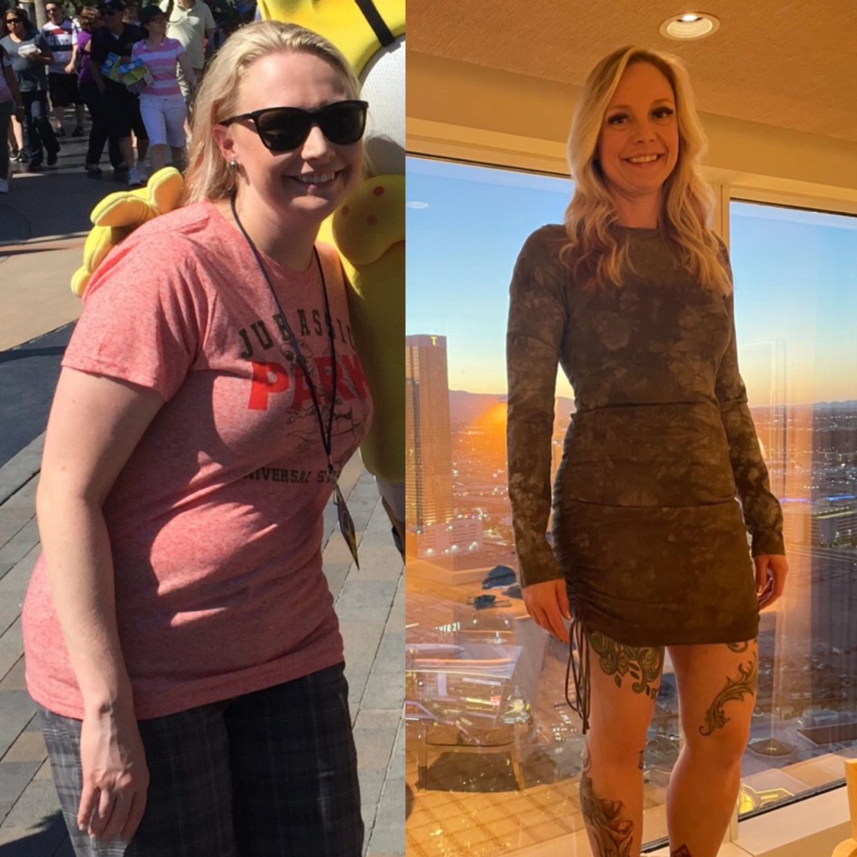 Side-by-side comparison of a woman before and after weight loss transformation.