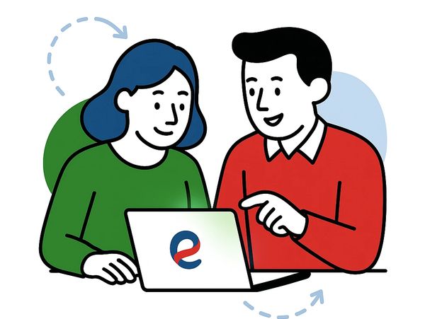 Two people working together on a laptop representing e-Workflows teaching and support service