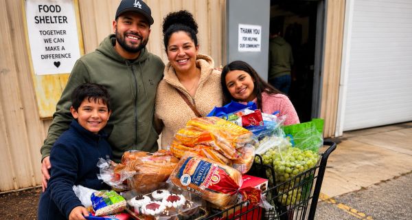 Family volunteering at a food shelter with groceries.