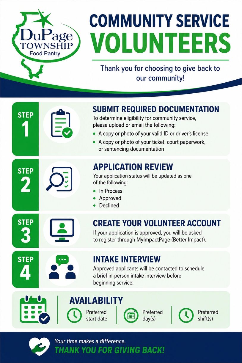 DuPage Township Food Pantry volunteer steps for community service eligibility.