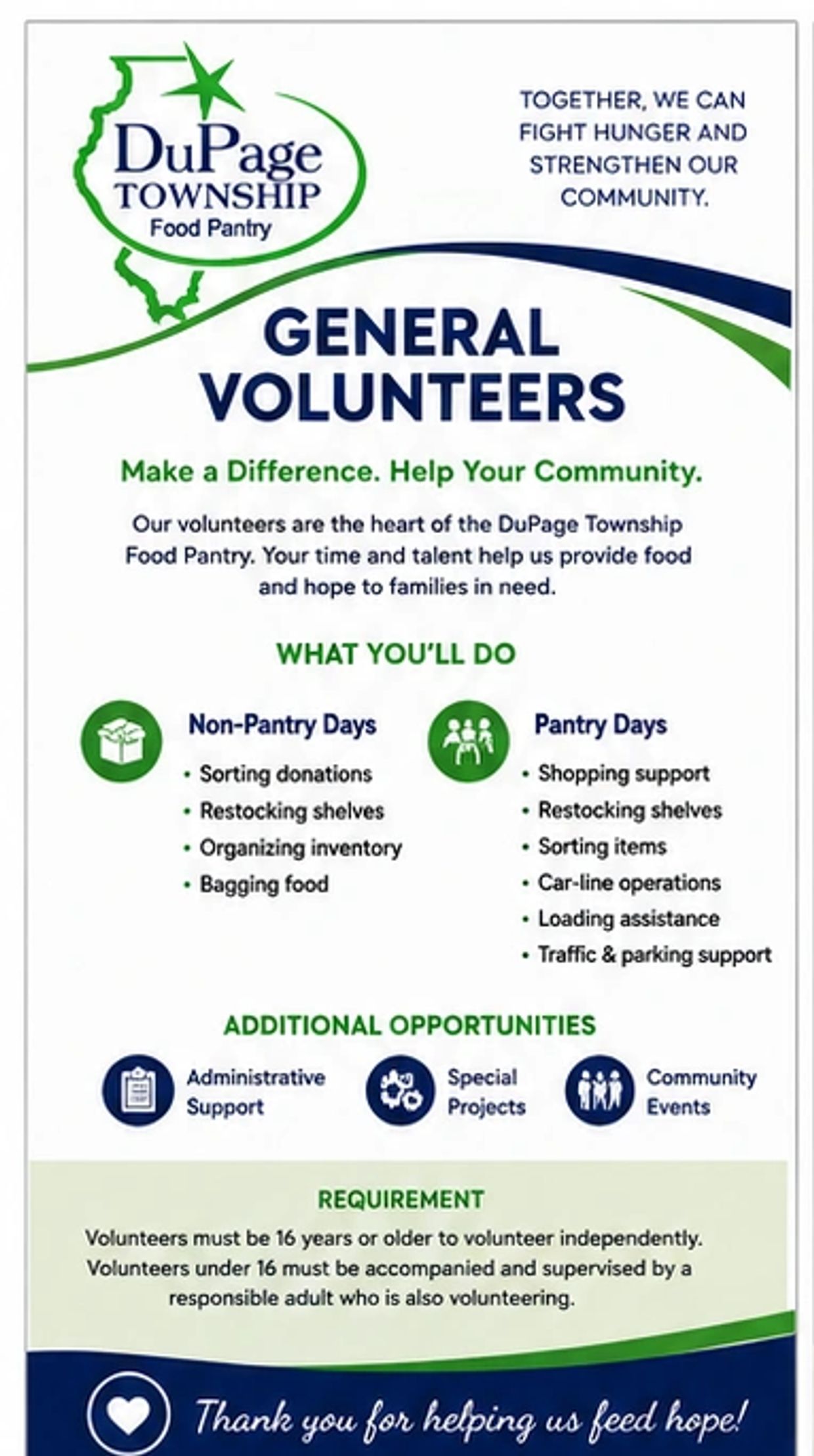 DuPage Township Food Pantry seeks general volunteers to help fight hunger and support the community.