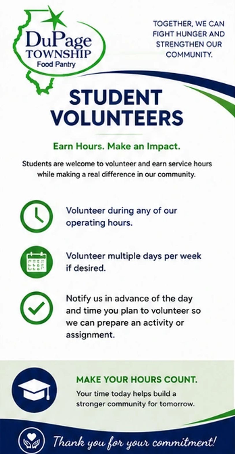 DuPage Township Food Pantry seeks student volunteers to fight hunger and build community.