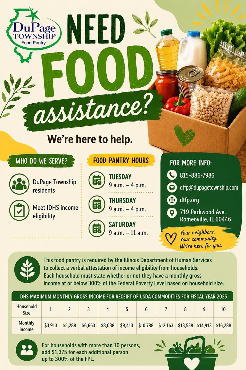 DuPage Township Food Pantry offers food assistance to eligible residents with specified hours and contact info.