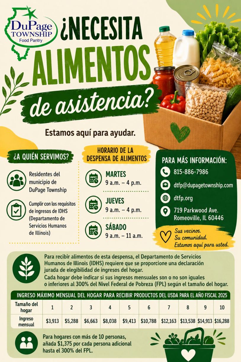 Información sobre asistencia alimentaria del DuPage Township Food Pantry en español.