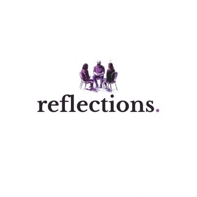 Three people sitting in a circle with the word 'reflections' below them.