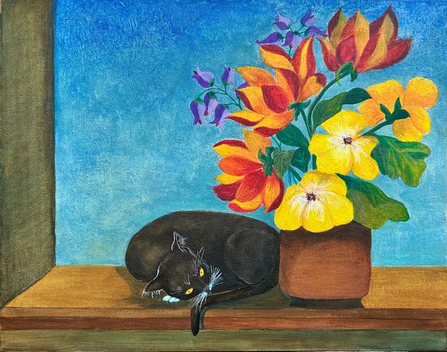 Cat on shelf with flowers