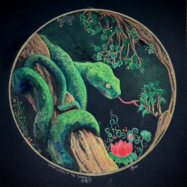 Year of the Snake 2025, Gouache on Black Watercolor paper