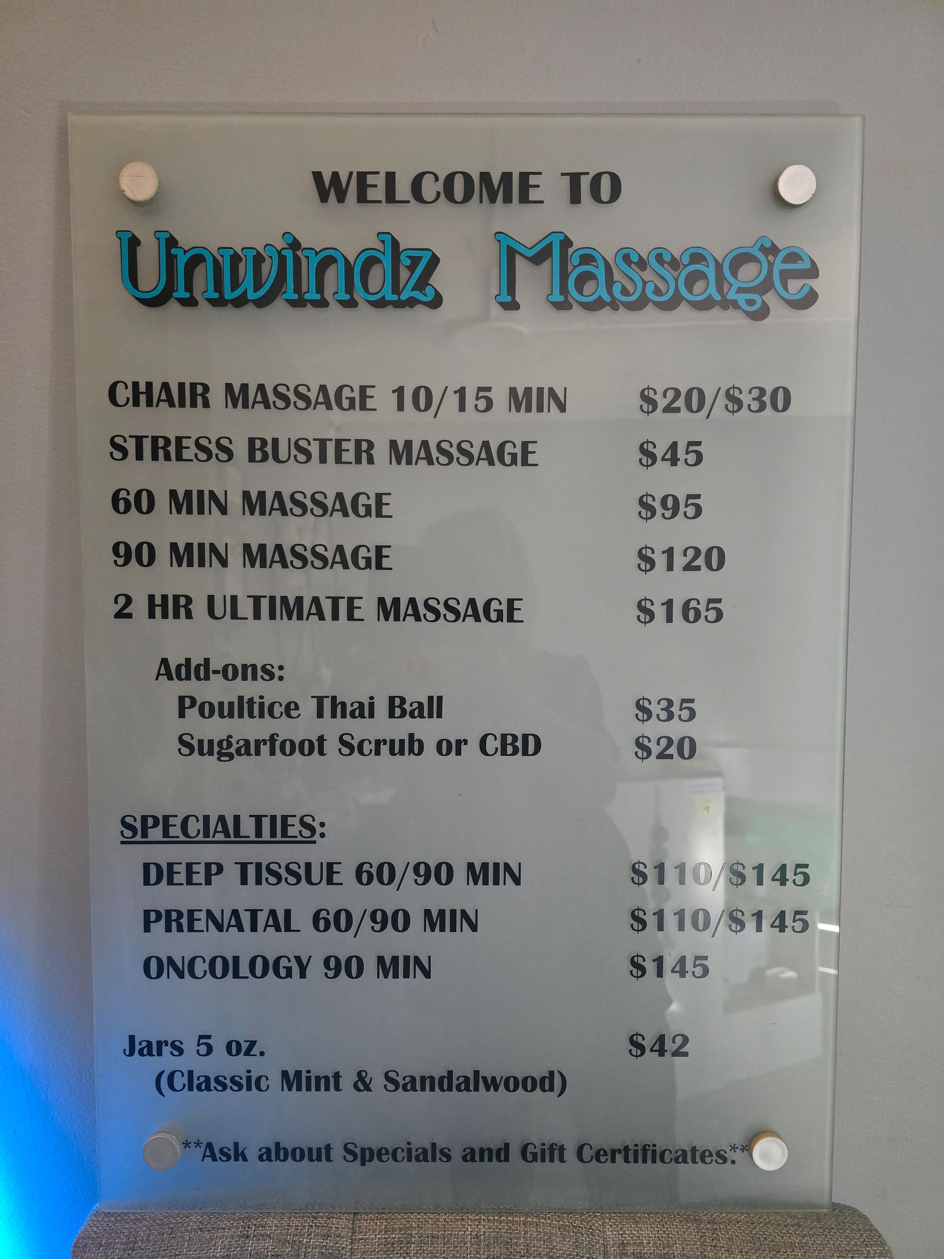 Unwindz Massage price list 