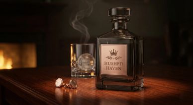 A glass of whiskey with ice and a bottle labeled Hushed Haven on a wooden table.