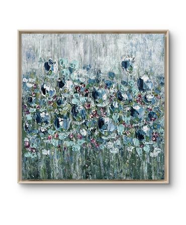 Abstract floral painting with textured blue, green, and white hues.
