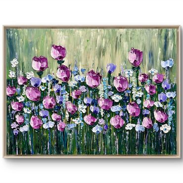 Abstract floral painting with purple and white flowers on green background.