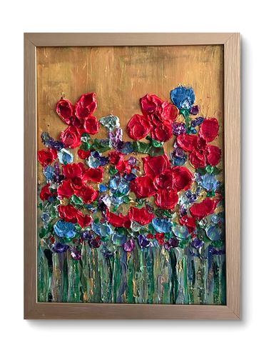 Textured painting of vibrant red and blue flowers with green stems on a warm golden background.