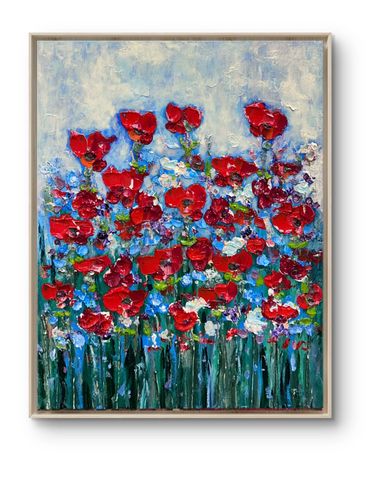 Impressionist-style painting of vibrant red flowers against a blue and green backdrop.