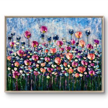 Colorful abstract flower field painting with textured brushstrokes.