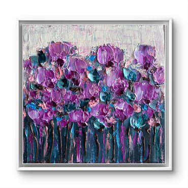 Abstract painting of purple and blue flowers with textured petals.