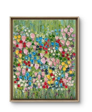 Colorful abstract floral painting with vibrant flowers on a green background.