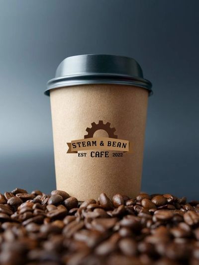 steam and bean logo on coffee cup