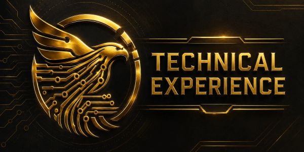 Golden eagle emblem with circuit design and 'Technical Experience' text on dark background.