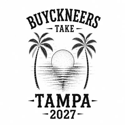 Vintage-style logo for Buyckneers Take Tampa 2027 with palm trees and sunset.