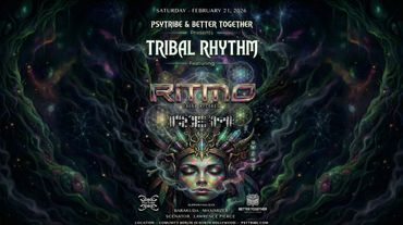 Psytrance event poster featuring tribal rhythm and Ritmo.