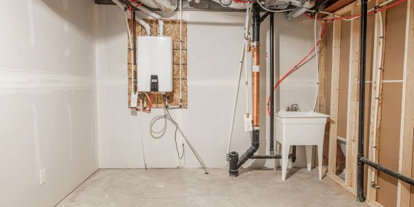 Empty basement utility room with water heater and utility sink.