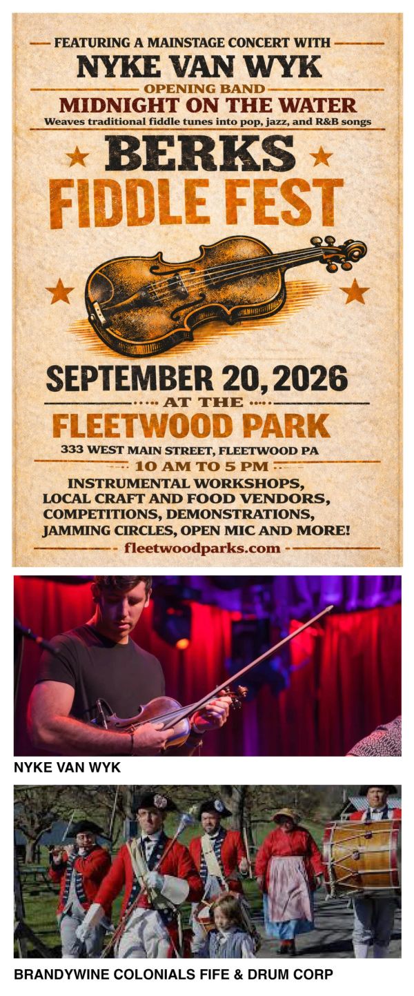 Berks Fiddle Fest poster with musicians playing fiddle and colonial reenactors marching.