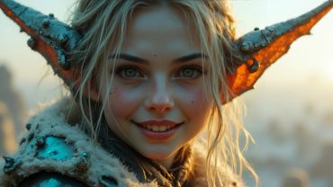 Close-up of a fantasy character with glowing orange horns and a warm smile.