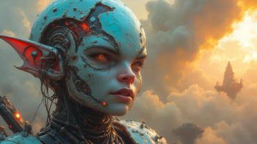 Futuristic elf-like cyborg under dramatic sky at sunset.