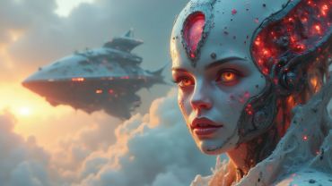 Futuristic humanoid with glowing red eyes and a spaceship in the clouds.