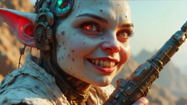 Close-up of a smiling fantasy creature with intricate headgear.