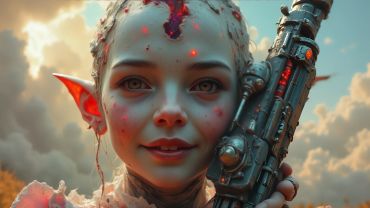 Fantasy elf girl with glowing red details holding a futuristic weapon.