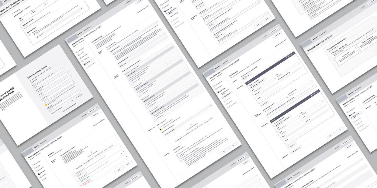 Multiple angled screenshots of a software application interface with forms and settings.