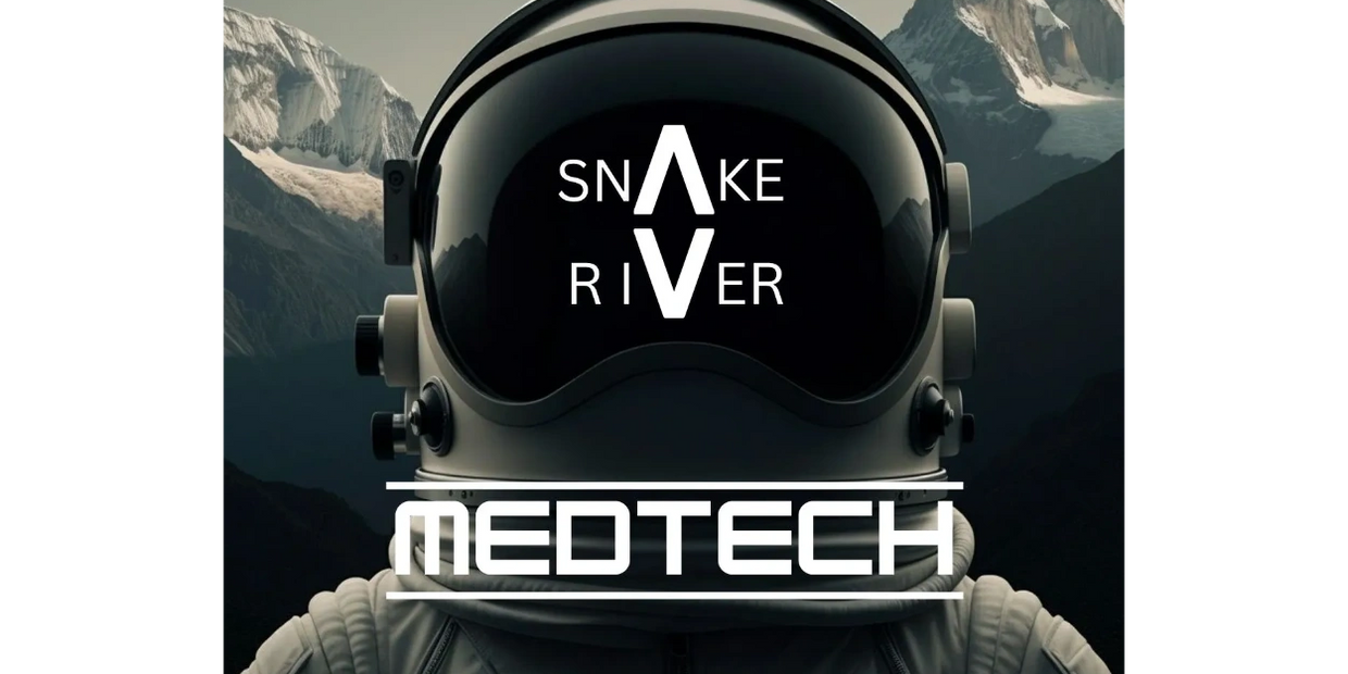 Astronaut helmet with 'Snake River MedTech' logo and mountain background.