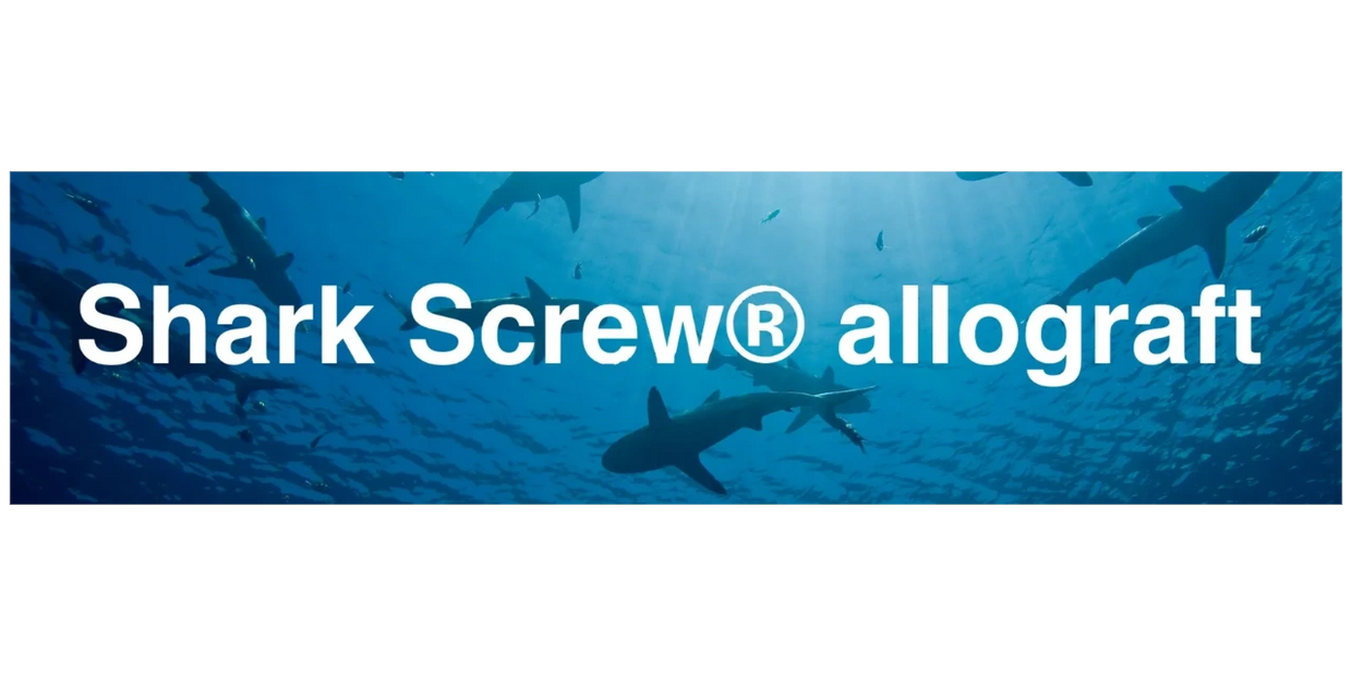 Underwater scene with sharks and text promoting Shark Screw® allograft.
