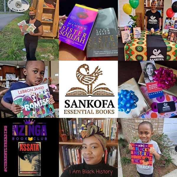 A collage of African American books from Sankofa Essential Books and the founder, Tiffany Williams.