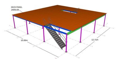3D model of a steel structure with deck panels and stairs.