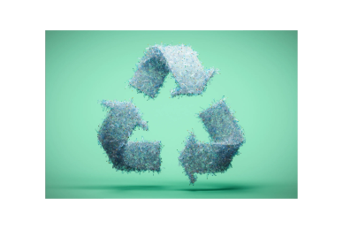 3D recycle symbol made of blue particles.