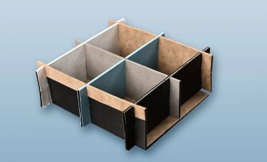 Compact cardboard storage organizer with compartments.