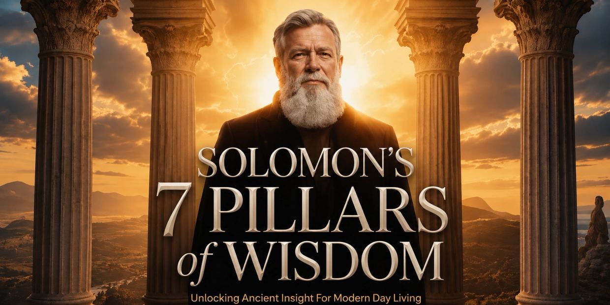 Promotional image of "Solomon's 7 Pillars of Wisdom" with a wise elder and ancient pillars.