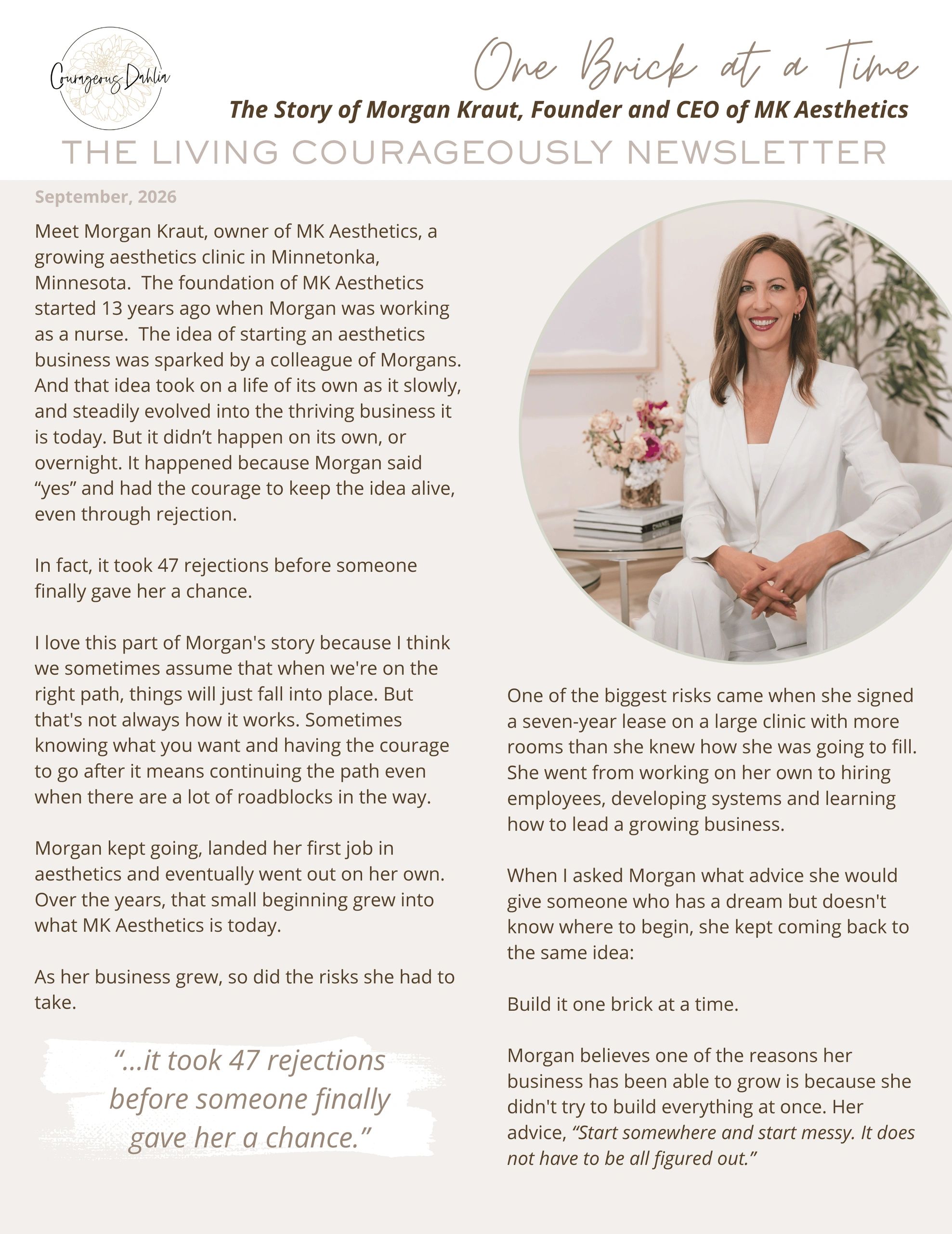 Newsletter featuring Morgan Kraut, founder of MK Aesthetics, sharing her entrepreneurial journey.