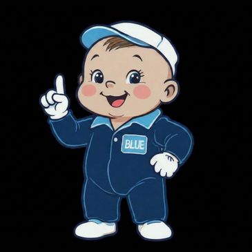Cute cartoon baby in blue outfit and cap, smiling and pointing up.