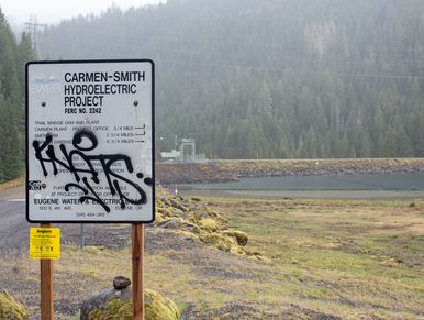 Entrance road to the Trail Bridge dam, part of the Carmen-Smith Hydroelectric Project.